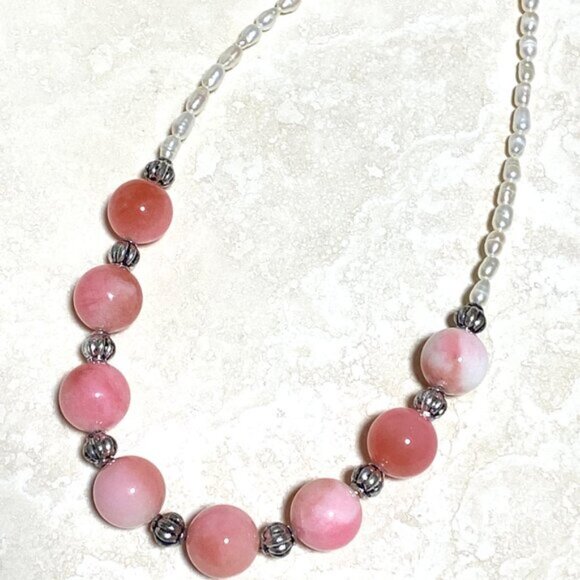Beaded Dyed Pink Agate & White Freshwater Pearl Adjustable Choker - Picture 4 of 14